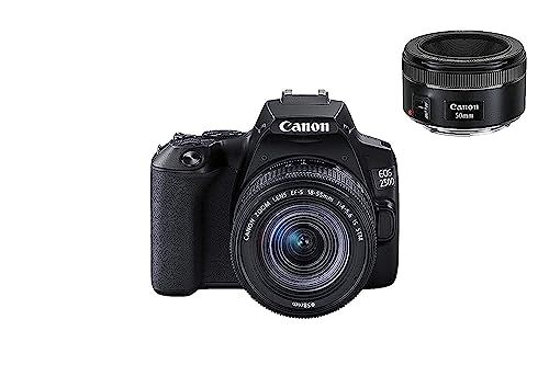 Canon EOS 250D (24, 1 megapíxeles, Pantalla de 7,7 cm (3"), Sensor APS-C, 4K, Full HD, DIGIC 8, WLAN, Bluetooth), Color Negro, Incluye EF-S 18-55 mm f/4-5.6 IS STM, Negro, EF 50 mm f/1.8 STM